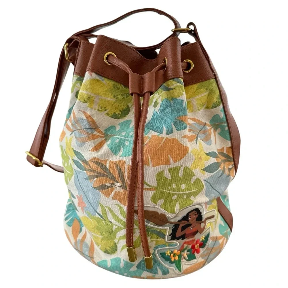 Disney Store Moana Canvas Bucket Bag Tropical Print Disneyland Disneyworld Purse